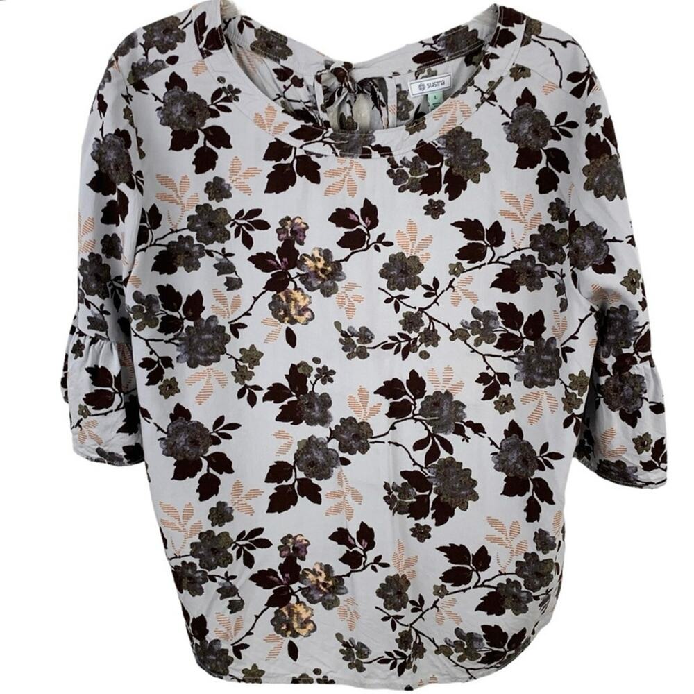 Susina Floral Roses Flutter Sleeve Gray Rayon Lightweight Office Casual Top L